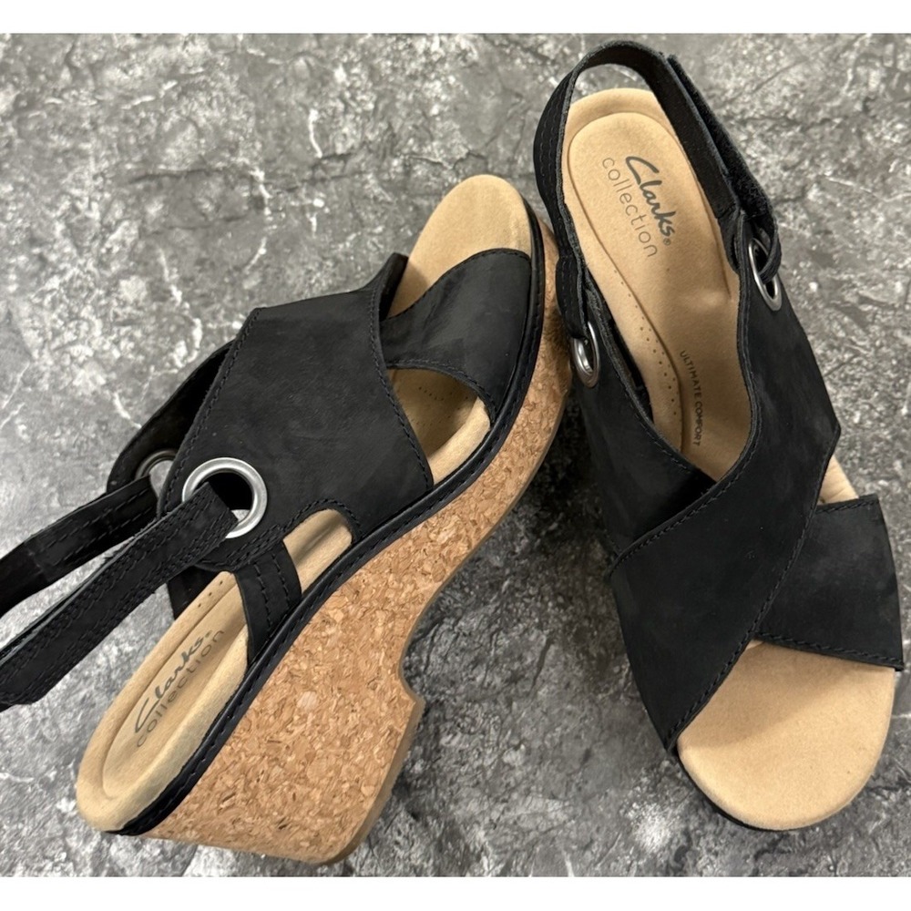 Clarks Collection Giselle Loop Suede Sling Back Wedge Comfort Sandals Black 9.5M